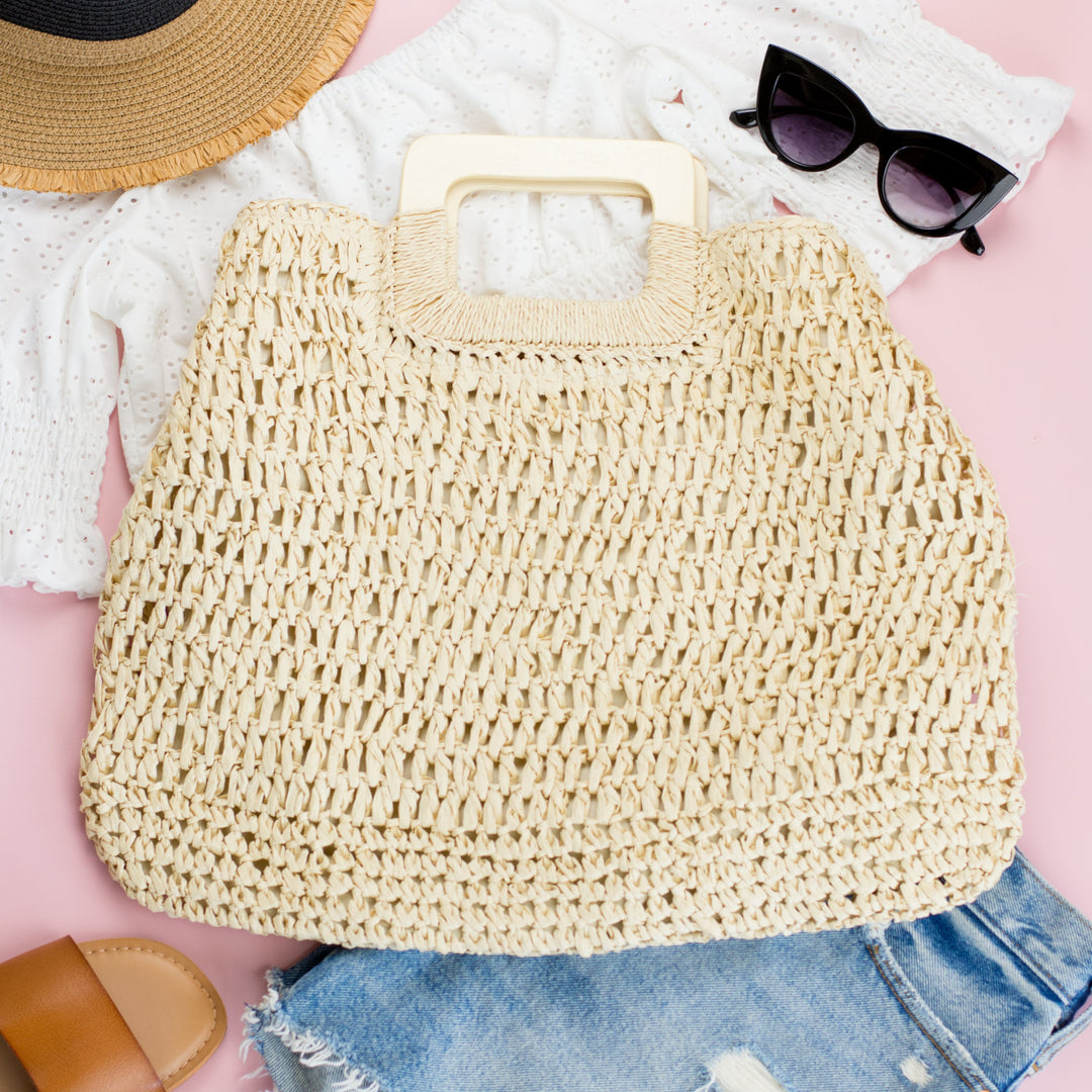 Oversized Woven Straw Tote Bag | Wood Handle Beach Tote
