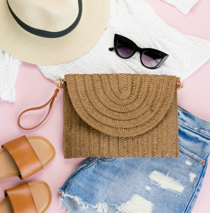 Woven Straw Foldover Clutch with Wristlet &amp; Crossbody Strap