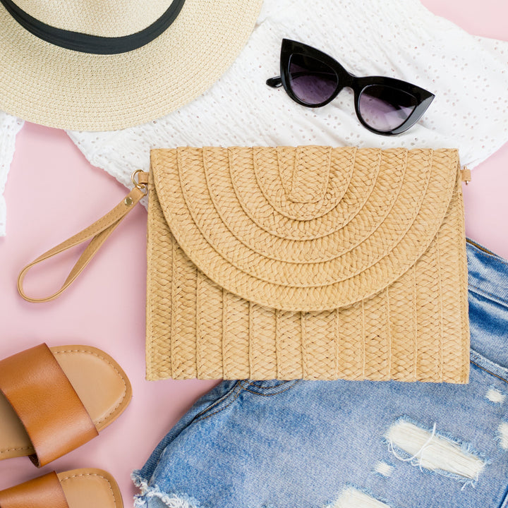 Woven Straw Foldover Clutch with Wristlet &amp; Crossbody Strap