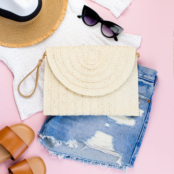 Woven Straw Foldover Clutch with Wristlet &amp; Crossbody Strap