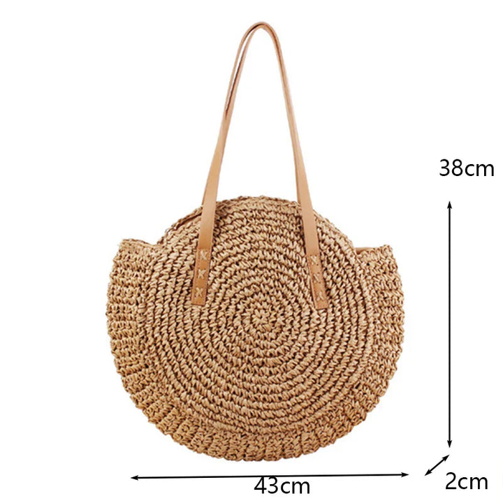 Boho Hand-Knit Round Straw Tote Bag