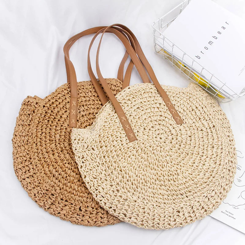 Boho Hand-Knit Round Straw Tote Bag