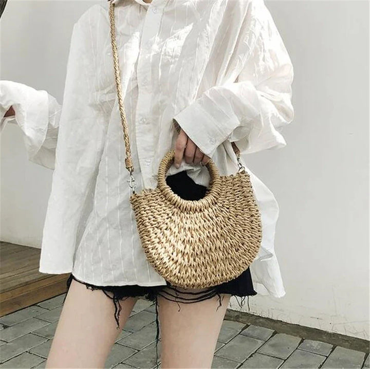 Boho Half-Moon Handwoven Rattan Straw Bag