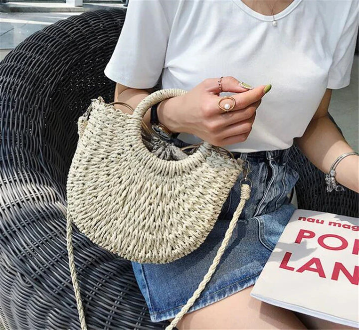 Boho Half-Moon Handwoven Rattan Straw Bag
