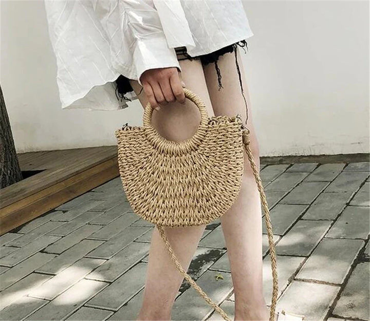 Boho Half-Moon Handwoven Rattan Straw Bag