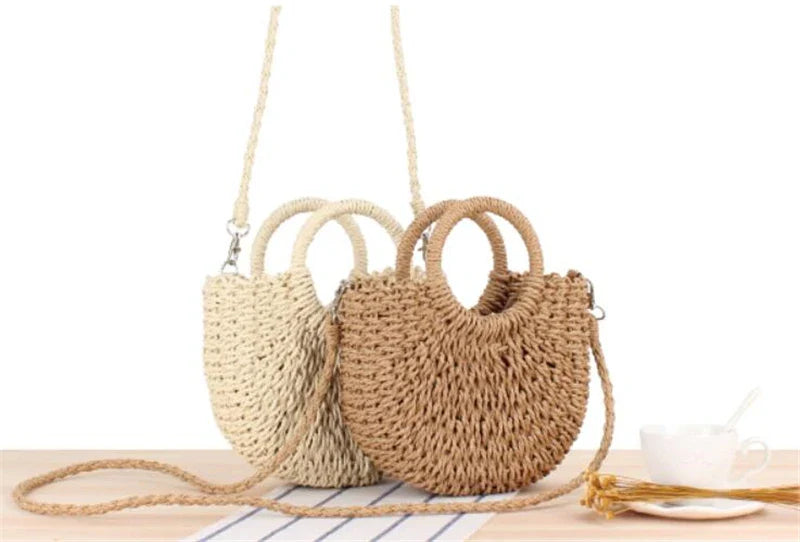 Boho Half-Moon Handwoven Rattan Straw Bag