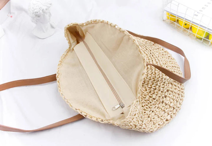 Boho Hand-Knit Round Straw Tote Bag
