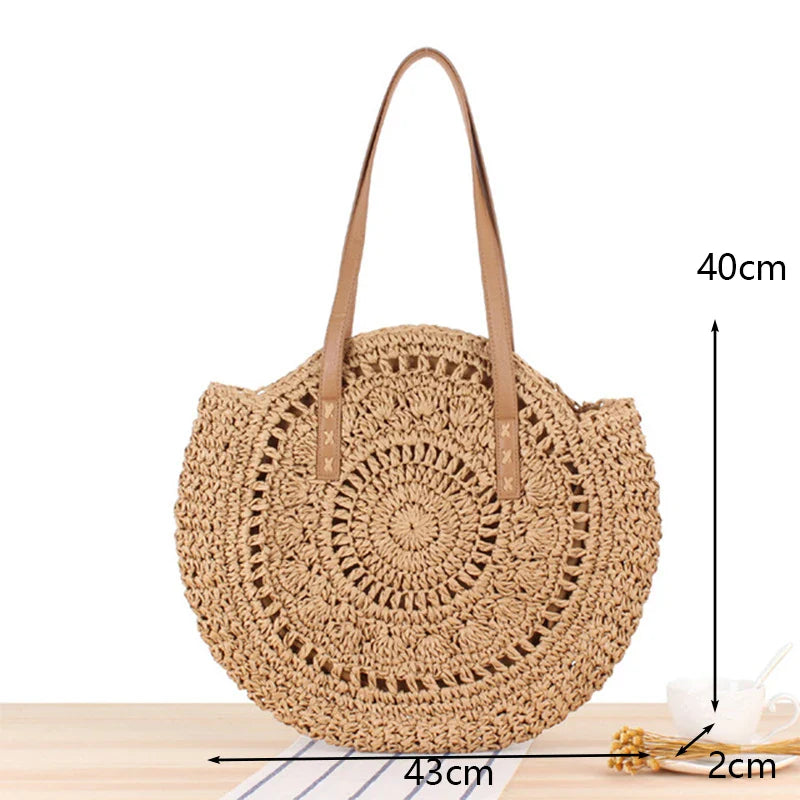 Boho Hand-Knit Round Straw Tote Bag
