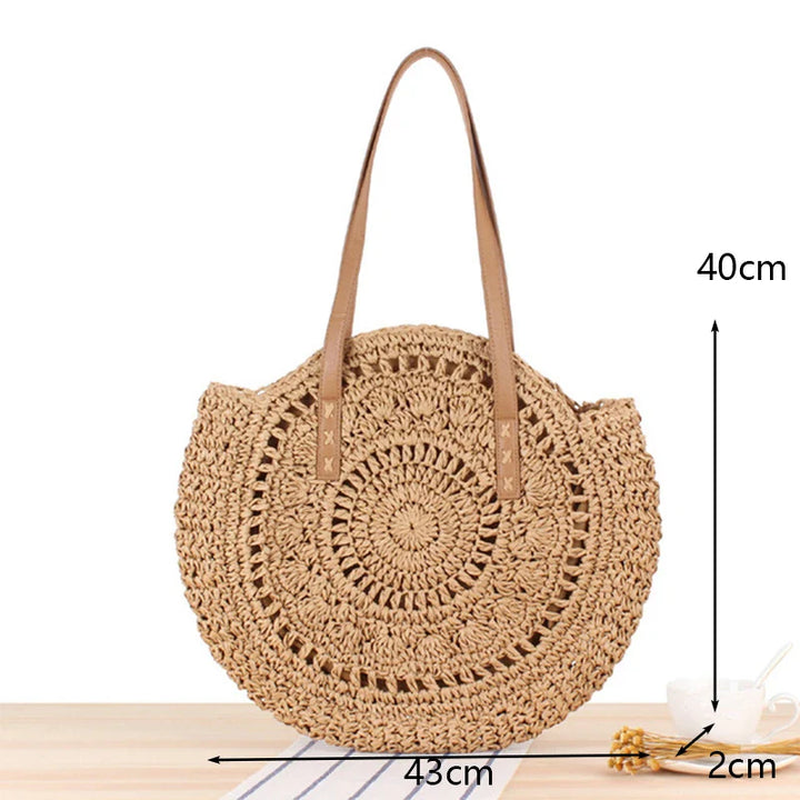Boho Hand-Knit Round Straw Tote Bag