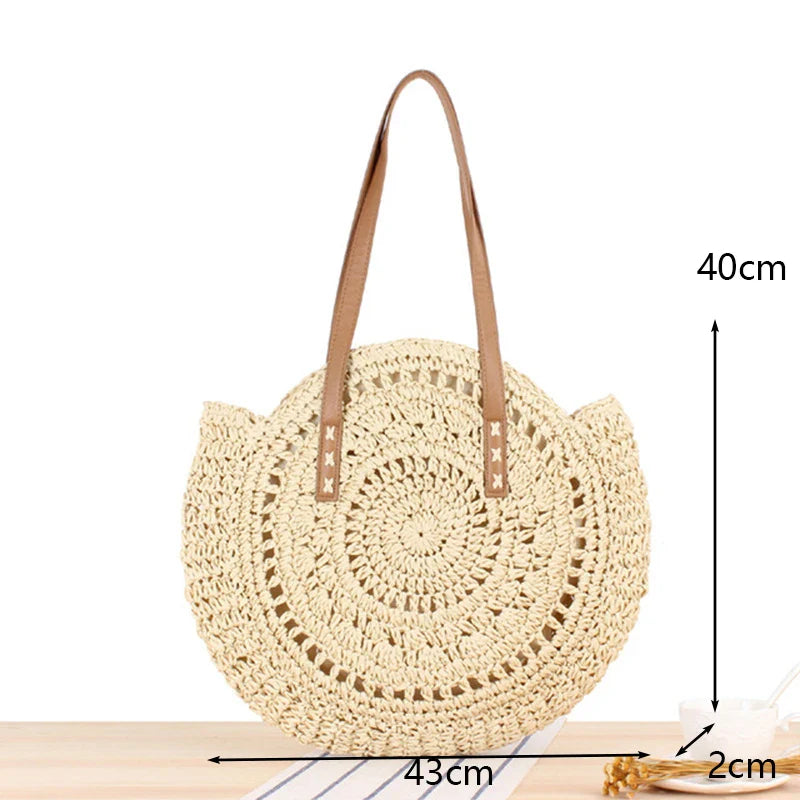 Boho Hand-Knit Round Straw Tote Bag