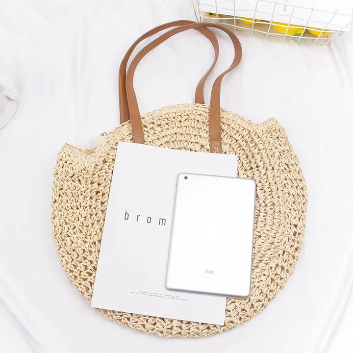 Boho Hand-Knit Round Straw Tote Bag