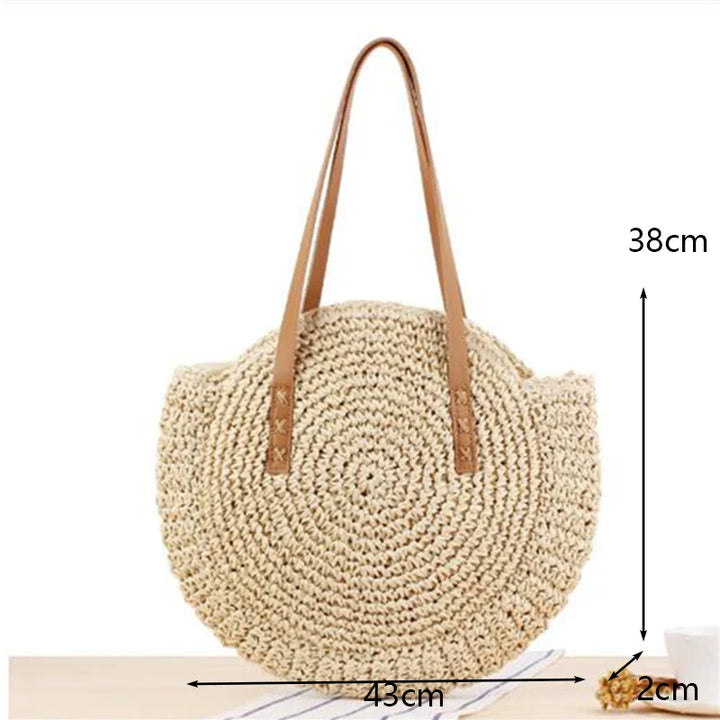 Boho Hand-Knit Round Straw Tote Bag