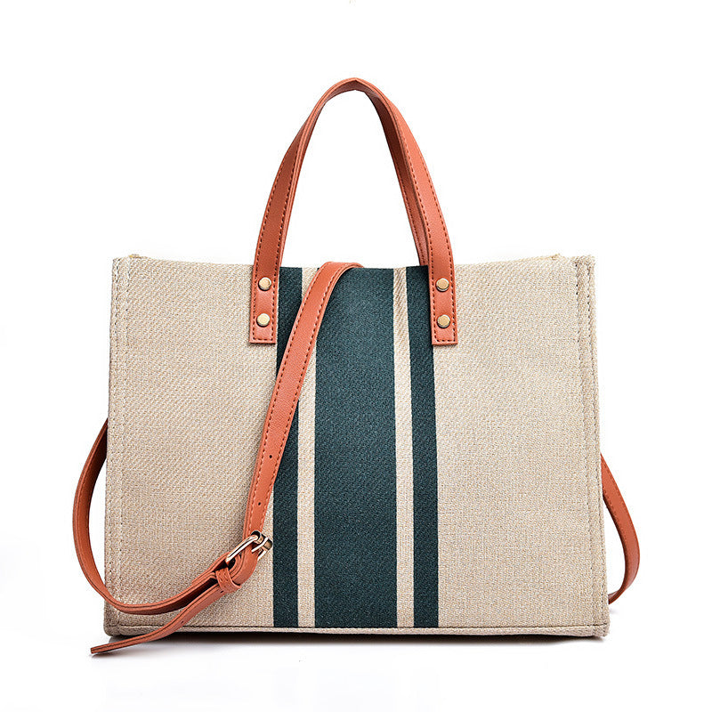 Canvas &amp; Vegan Leather Stripe Tote Bag with Crossbody Strap