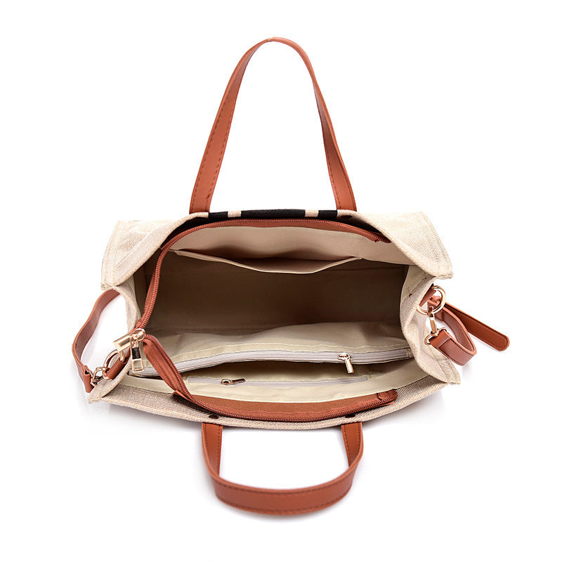 Canvas &amp; Vegan Leather Stripe Tote Bag with Crossbody Strap
