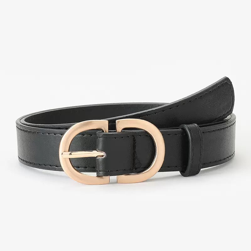 Double D-Ring PU Leather Belt with Gold Buckle