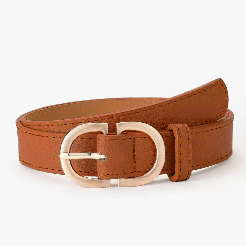 Double D-Ring PU Leather Belt with Gold Buckle