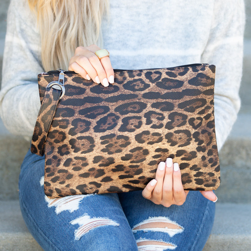 Leopard Print Oversized Vegan Leather Clutch with Wristlet