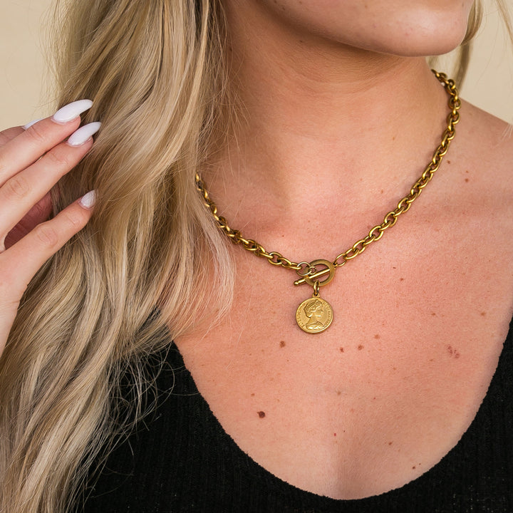 Coin Pendant Toggle Chain Necklace | Tarnish-Free Stainless Steel