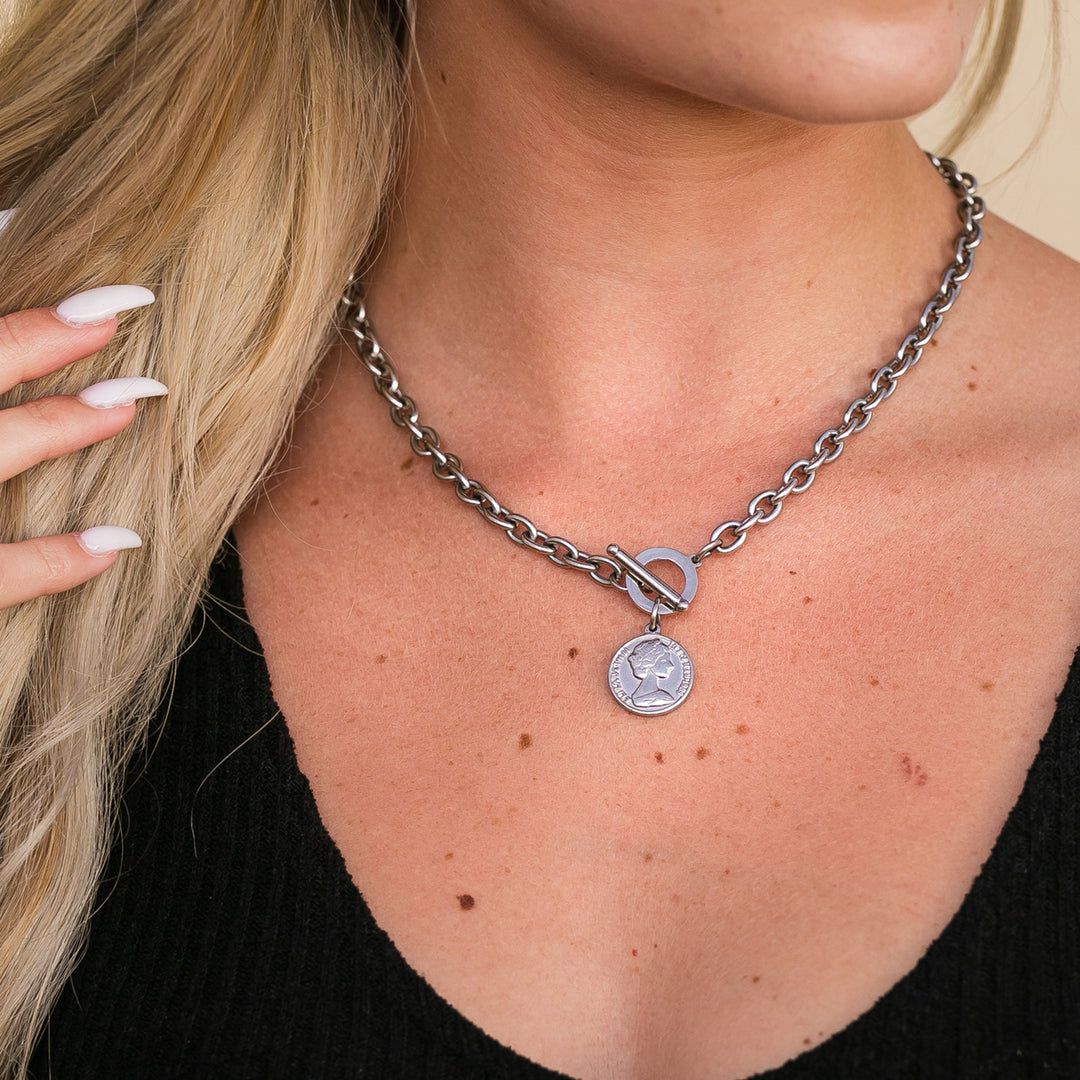 Coin Pendant Toggle Chain Necklace | Tarnish-Free Stainless Steel