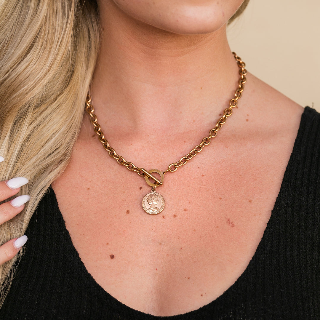Coin Pendant Toggle Chain Necklace | Tarnish-Free Stainless Steel