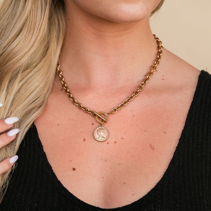 Coin Pendant Toggle Chain Necklace | Tarnish-Free Stainless Steel