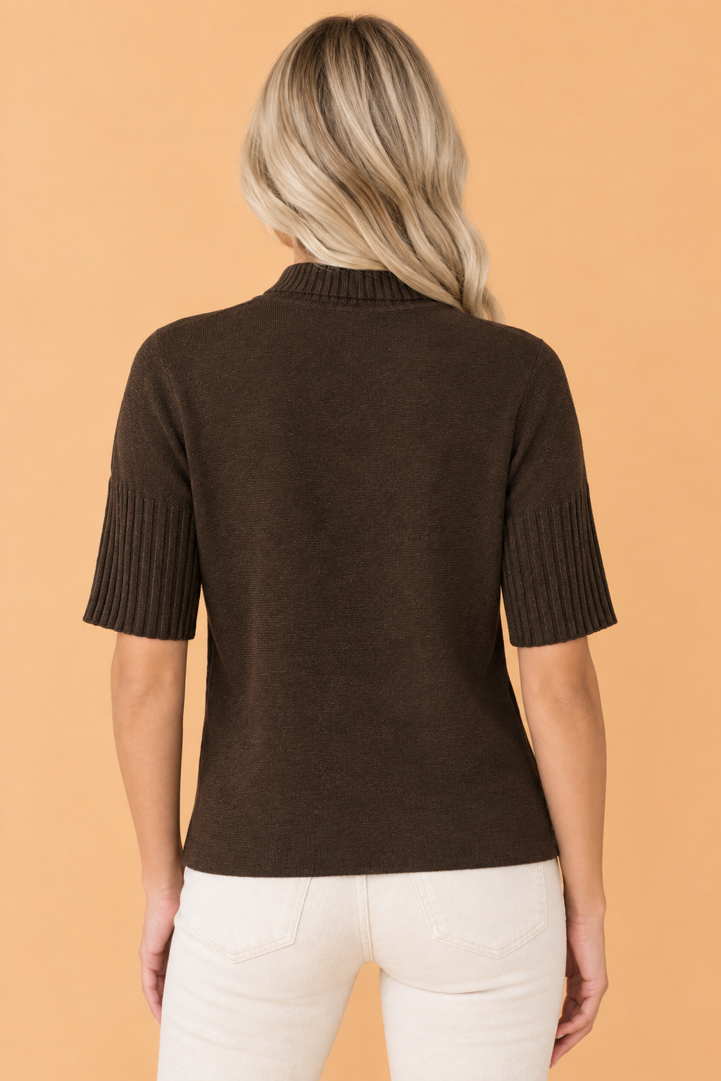 Ribbed Trim Turtleneck Short Sleeve Sweater