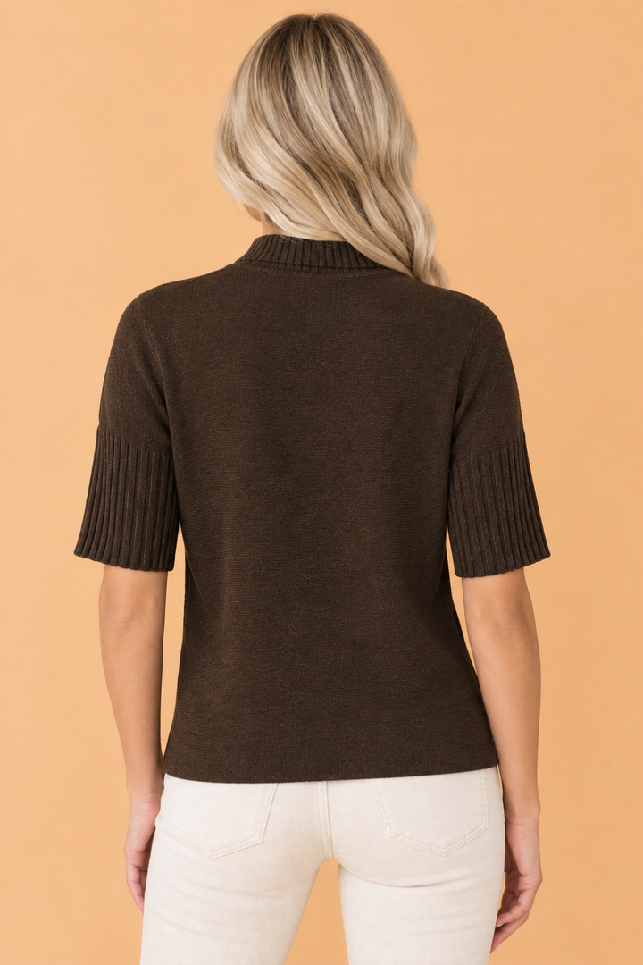 Ribbed Trim Turtleneck Short Sleeve Sweater