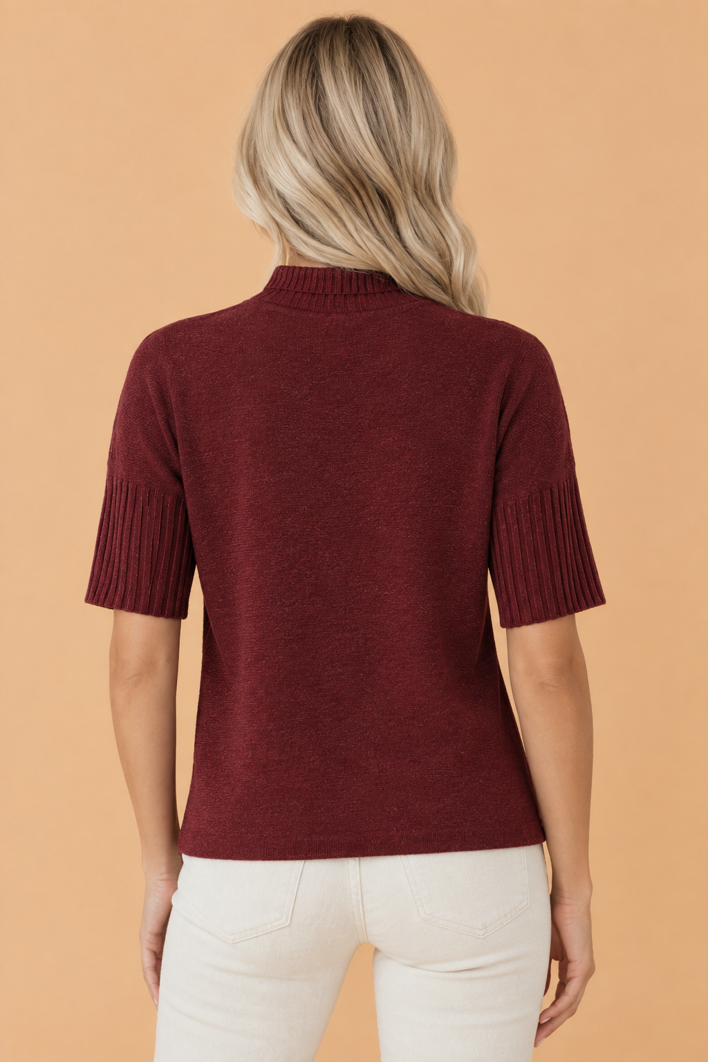 Ribbed Trim Turtleneck Short Sleeve Sweater