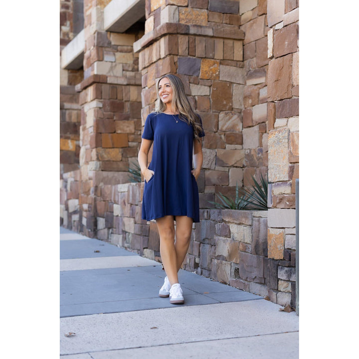 Kacey Navy Swing Dress | Flowy Short Sleeve Women&