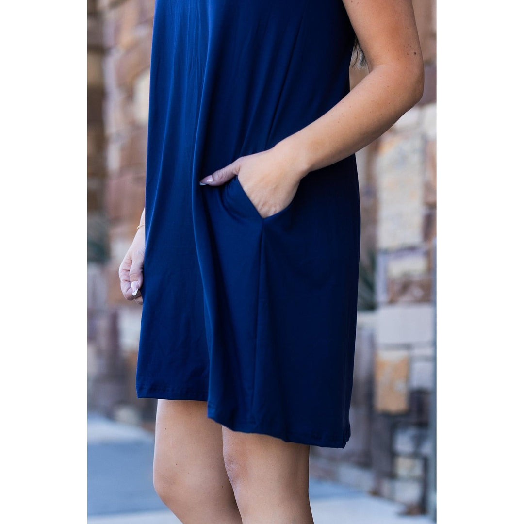 Kacey Navy Swing Dress | Flowy Short Sleeve Women&