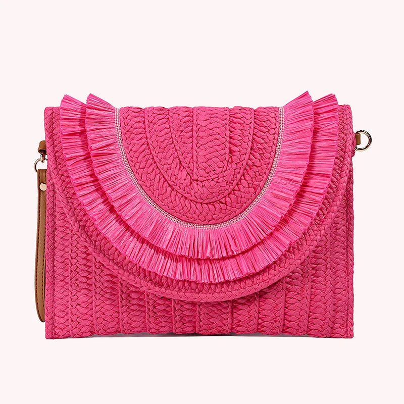 Boho Raffia Straw Tassel Flap Bag | Woven Clutch | Hot Pink, Orange, Green &amp; More