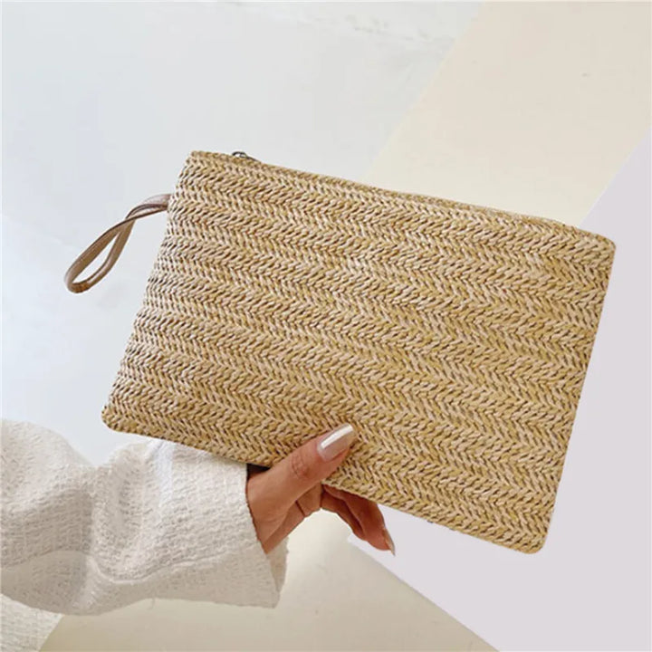 Woven Straw Wristlet Clutch | Boho Zipper Clutch Bag