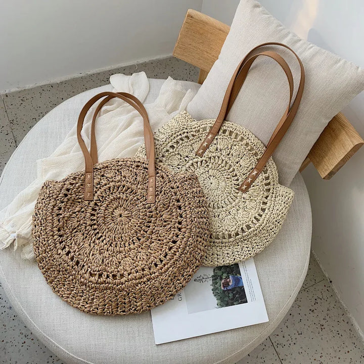 Boho Hand-Knit Round Straw Tote Bag