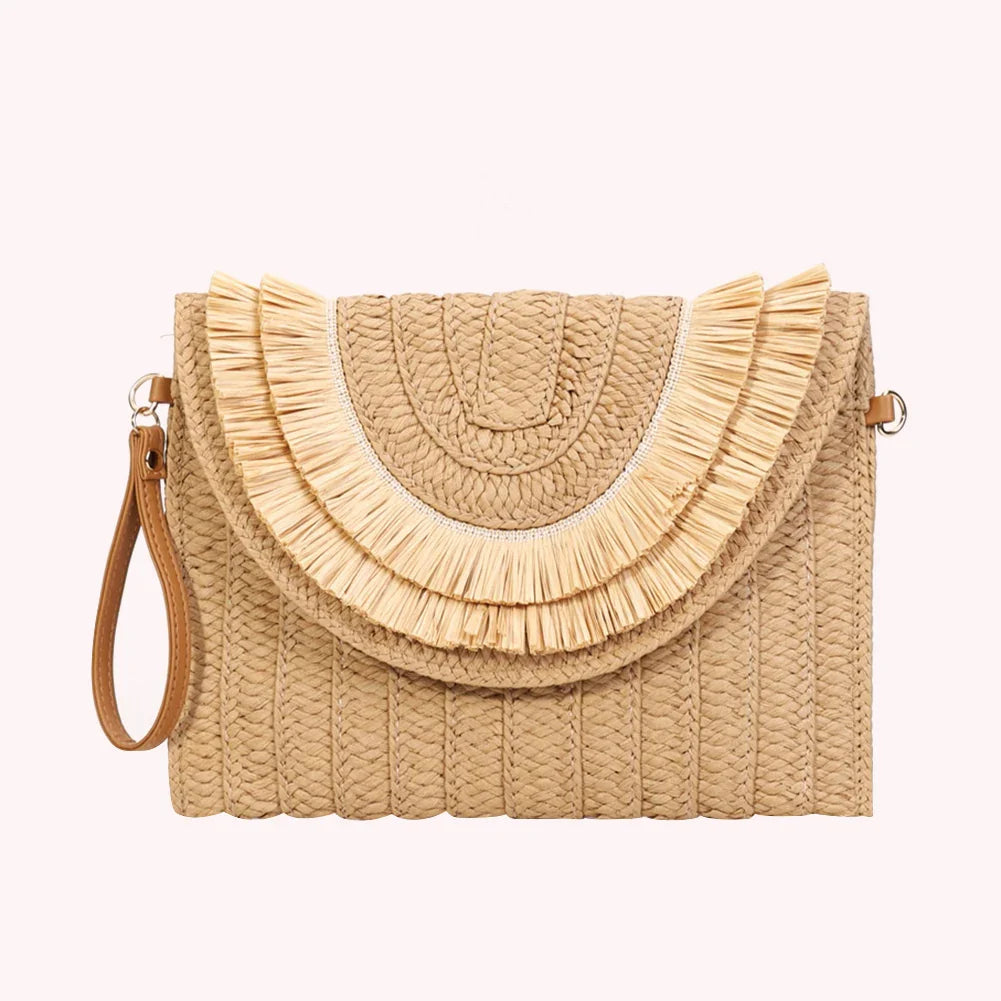 Boho Raffia Straw Tassel Flap Bag | Woven Clutch | Hot Pink, Orange, Green &amp; More