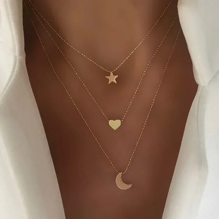 Gold Charm Necklace Set | 3-Piece Star, Pearl &amp; Cross Pendant Layering Necklaces