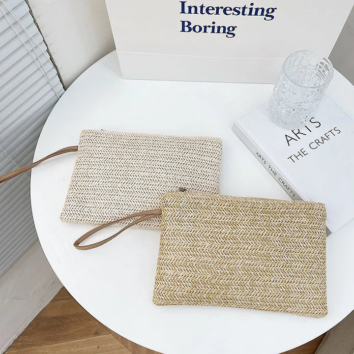 Woven Straw Wristlet Clutch | Boho Zipper Clutch Bag