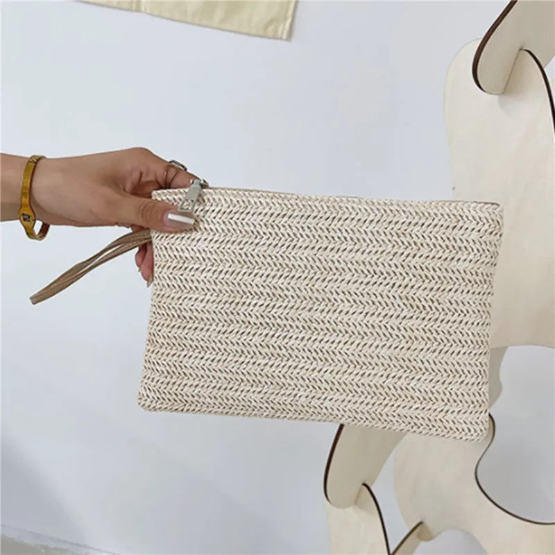Woven Straw Wristlet Clutch | Boho Zipper Clutch Bag