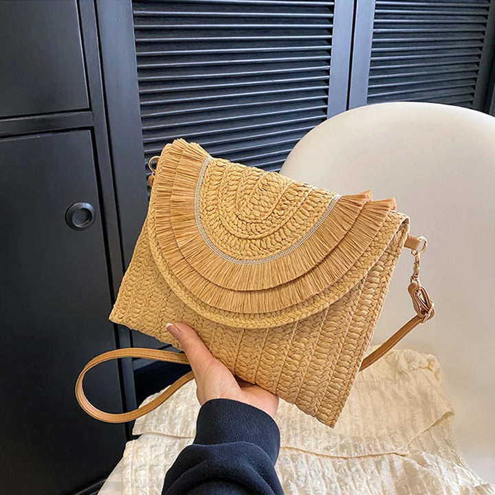 Boho Raffia Straw Tassel Flap Bag | Woven Clutch | Hot Pink, Orange, Green &amp; More