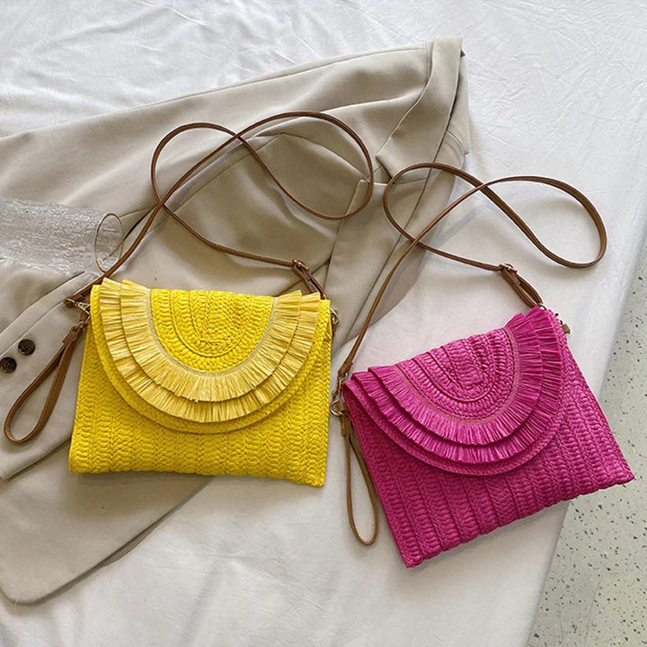 Boho Raffia Straw Tassel Flap Bag | Woven Clutch | Hot Pink, Orange, Green &amp; More