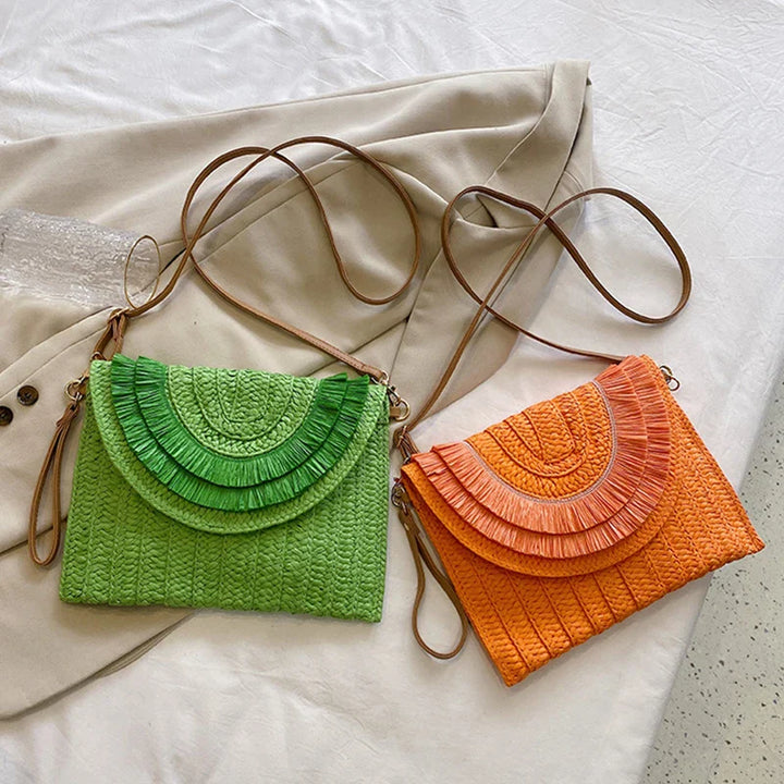 Boho Raffia Straw Tassel Flap Bag | Woven Clutch | Hot Pink, Orange, Green &amp; More