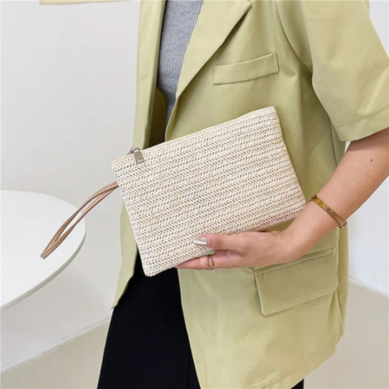 Woven Straw Wristlet Clutch | Boho Zipper Clutch Bag