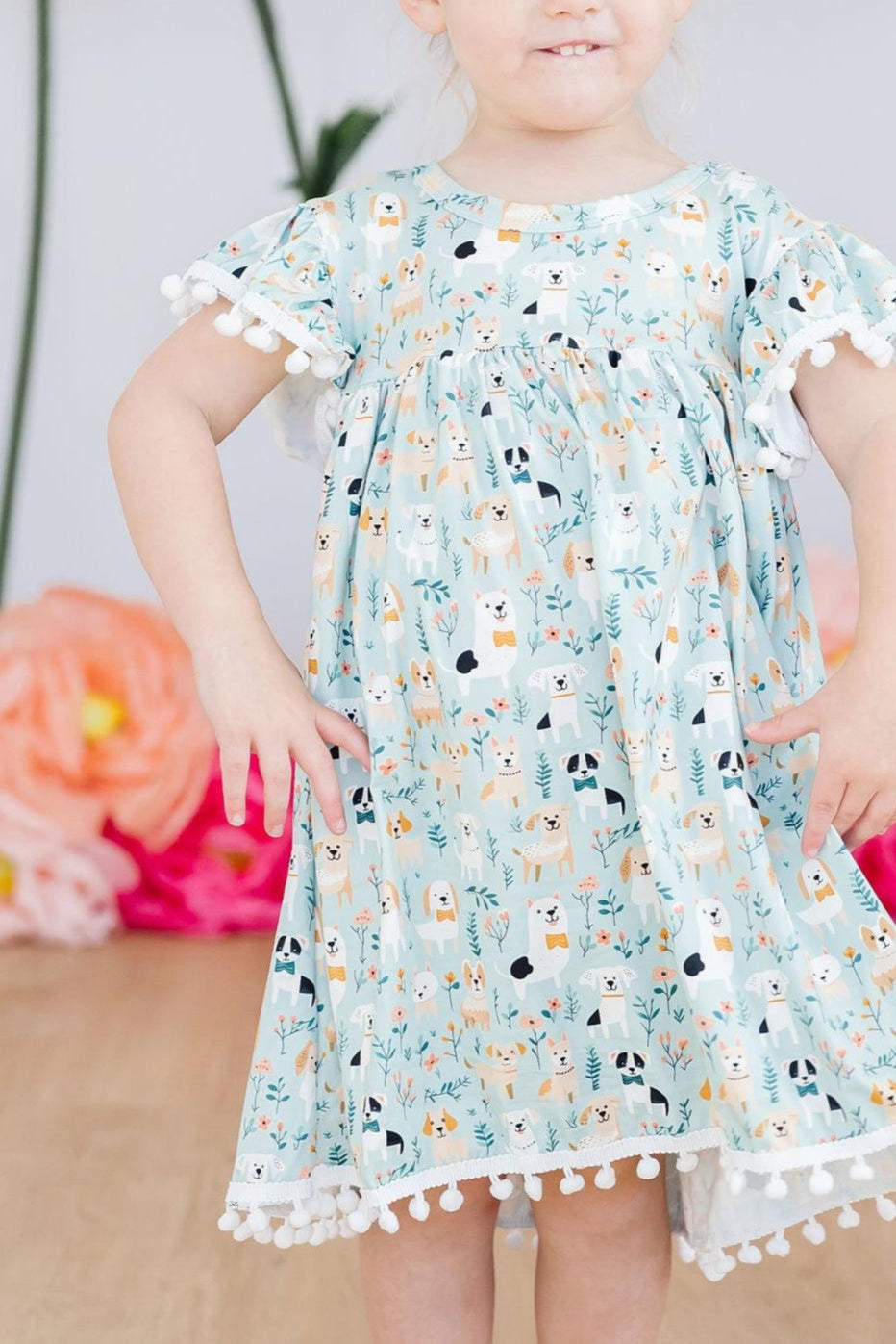 Mila &amp; Rose Girls Furry Friends Pom Pom Dress – Toddler &amp; Kids Sizes 12-24M to 7/8