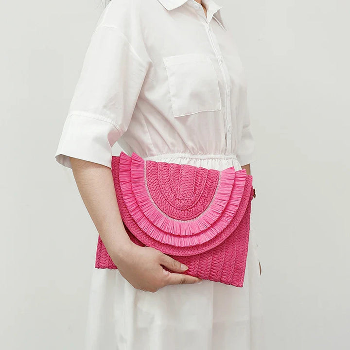 Boho Raffia Straw Tassel Flap Bag | Woven Clutch | Hot Pink, Orange, Green &amp; More