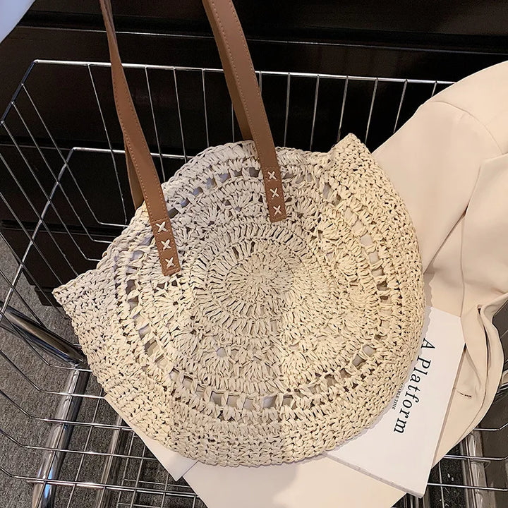 Boho Hand-Knit Round Straw Tote Bag