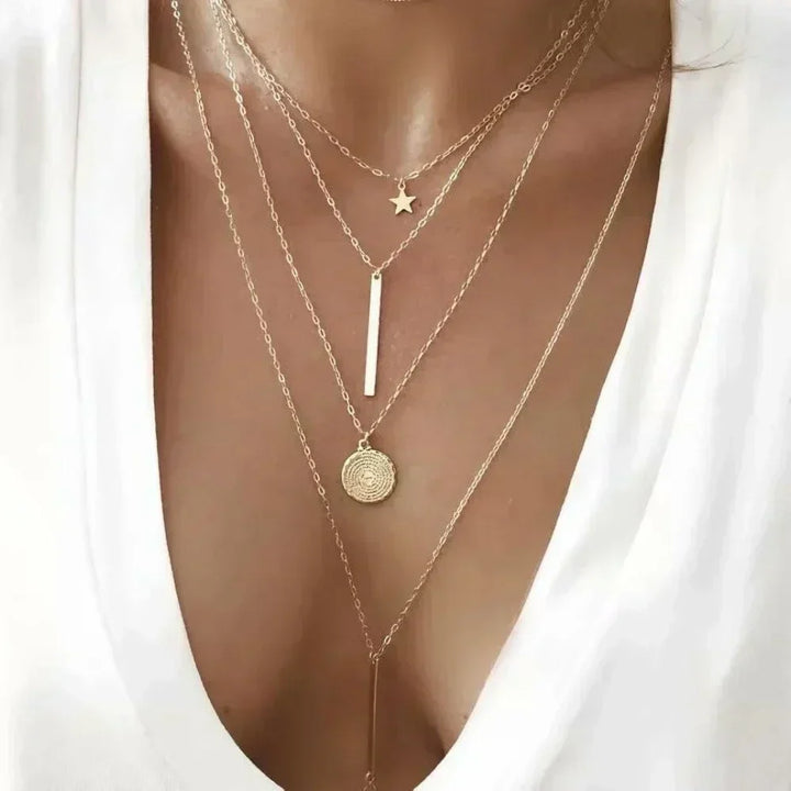 Gold Charm Necklace Set | 3-Piece Star, Pearl &amp; Cross Pendant Layering Necklaces