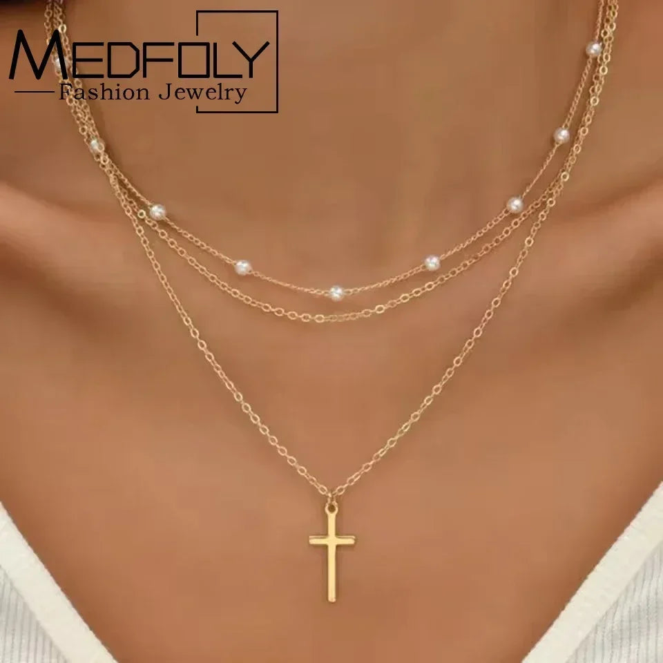 Gold Charm Necklace Set | 3-Piece Star, Pearl &amp; Cross Pendant Layering Necklaces