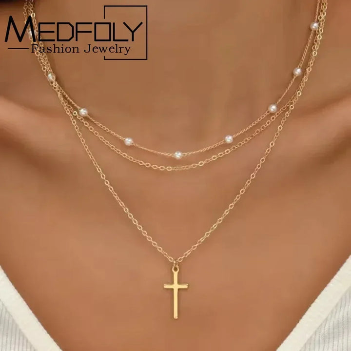 Gold Charm Necklace Set | 3-Piece Star, Pearl &amp; Cross Pendant Layering Necklaces