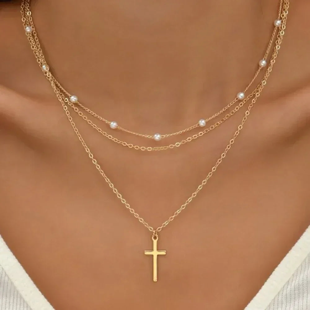 Gold Charm Necklace Set | 3-Piece Star, Pearl &amp; Cross Pendant Layering Necklaces