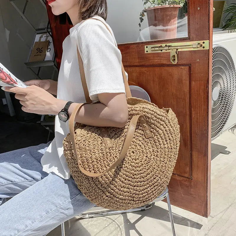 Boho Hand-Knit Round Straw Tote Bag