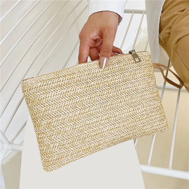 Woven Straw Wristlet Clutch | Boho Zipper Clutch Bag